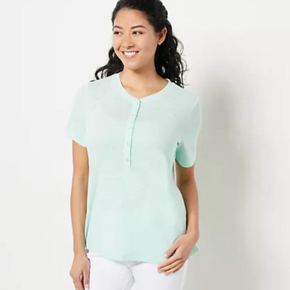 Candace Cameron Bure Linen blend Spring Mint Button-Up Henley Tee Sz XL